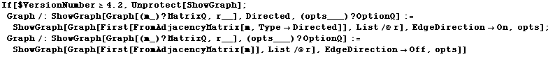 If[$VersionNumber >= 4.2, Unprotect[ShowGraph] ;  Graph /: ShowGraph[Graph[(m_) ? MatrixQ, r__], Directed, (opts___) ? OptionQ] := ShowGraph[Graph[First[FromAdjacencyMatrix[m, Type -> Directed]], List /@ r], EdgeDirection -> On, opts] ;  Graph /: ShowGraph[Graph[(m_) ? MatrixQ, r__], (opts___) ? OptionQ] := ShowGraph[Graph[First[FromAdjacencyMatrix[m]], List /@ r], EdgeDirection -> Off, opts]] <br />